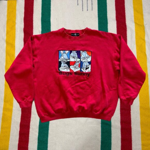 Vintage Looney Tunes Sweater‎ Mens XL Bugs Bunny Crewneck 90s Red Fleece - Picture 1 of 5